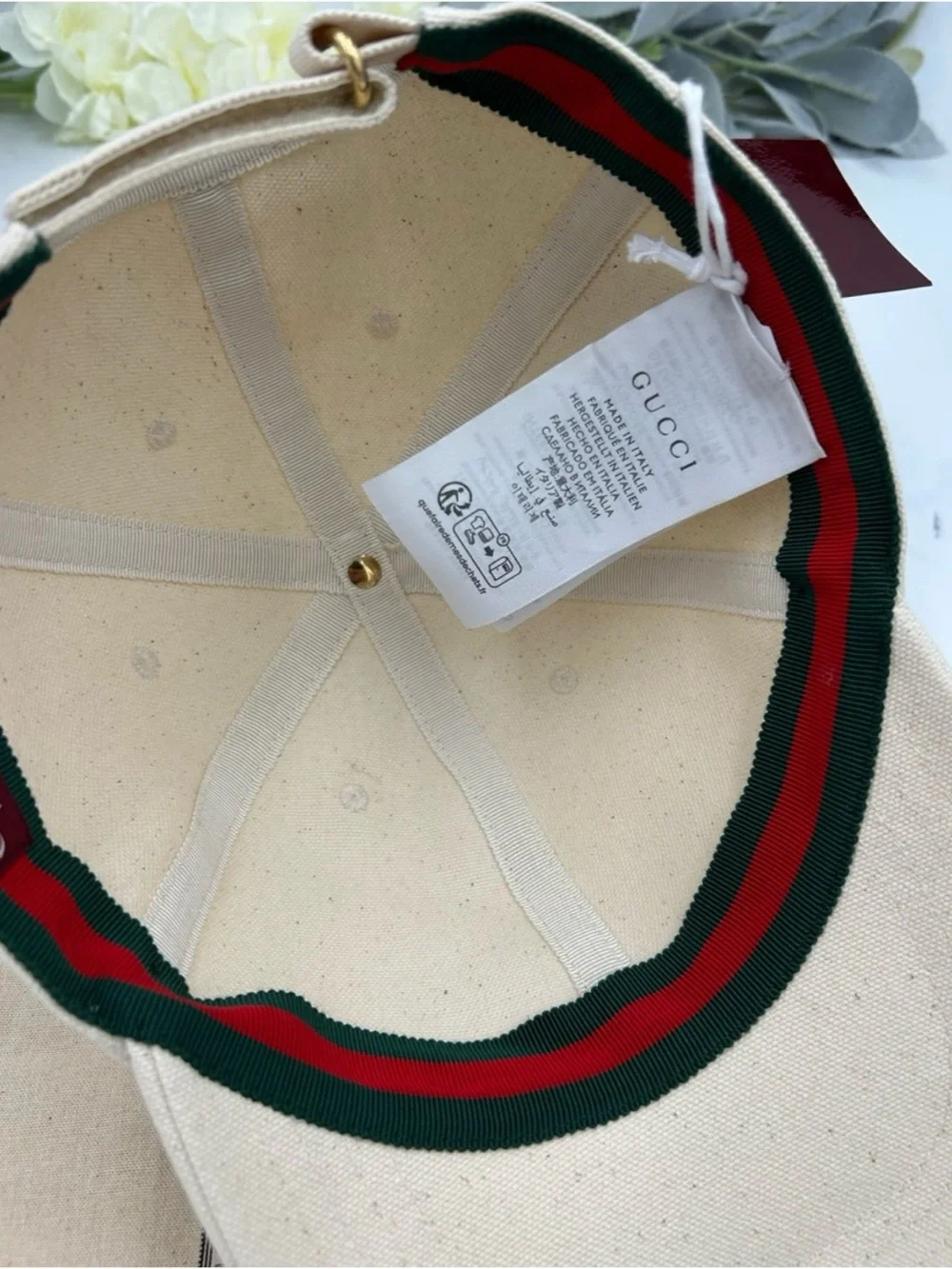 Gucci, gold logo Cream Canvas Baseball Cap size XL made in Italy